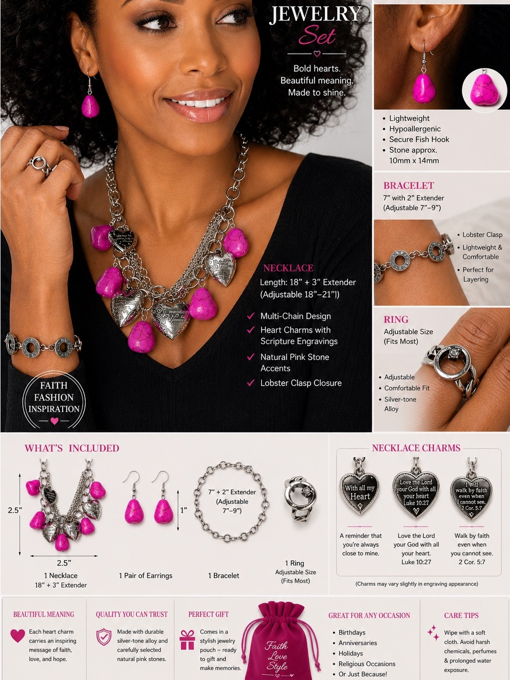 4 pcs Heart Charm Multi-Chain Necklace,Earring & ring Set - Pink